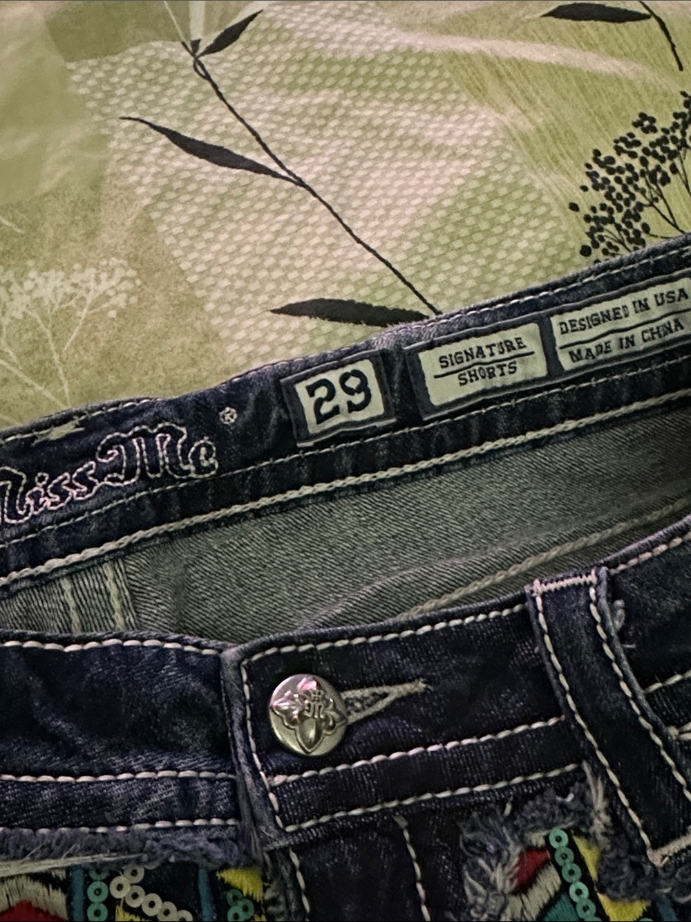 Miss Me Embroidered Tribal Denim Shorts - Blue - Picture 5 of 7